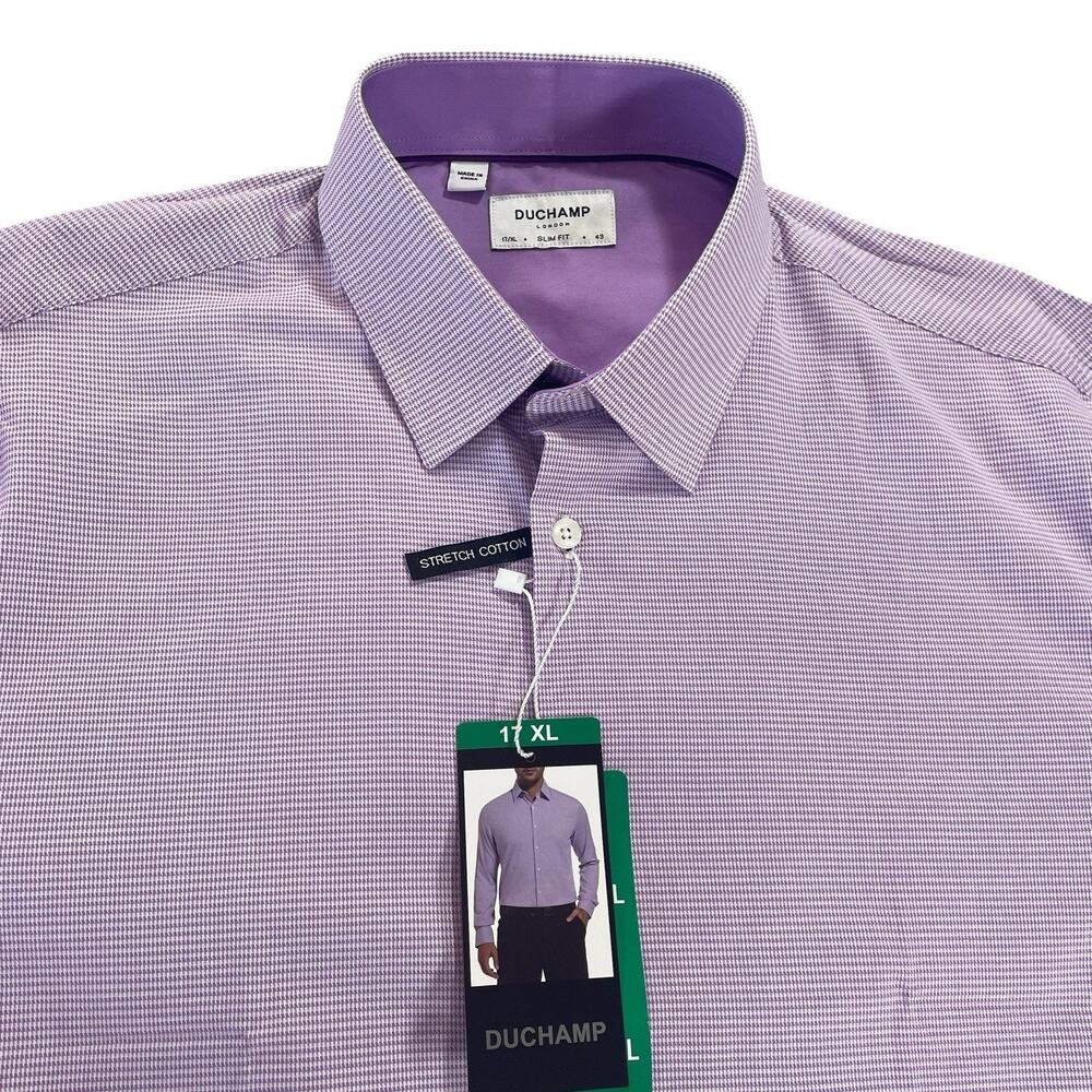 Duchamp London Dress Shirt Men's XL Slim Fit Stretch Purple Houndstooth